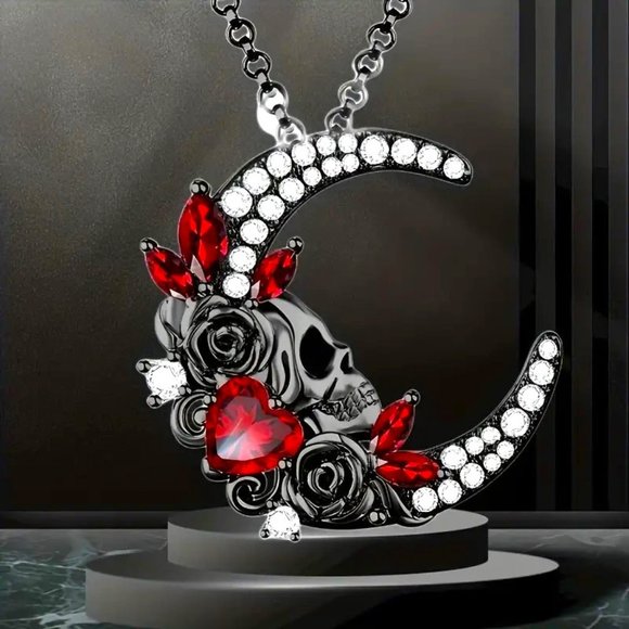 Goth Moon Skull Pendant Necklace Punk Rhinestones Gems Red Heart Black Scene New - Picture 1 of 3
